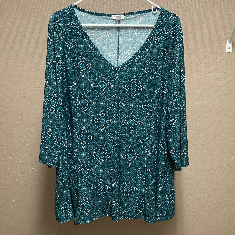 Westport Teal Geometric V-Neck Blouse
